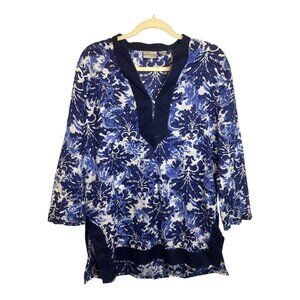 Chico's Blouse Women's Size Large Floral Lightweight Sheer‎ Blue White Chicos 2